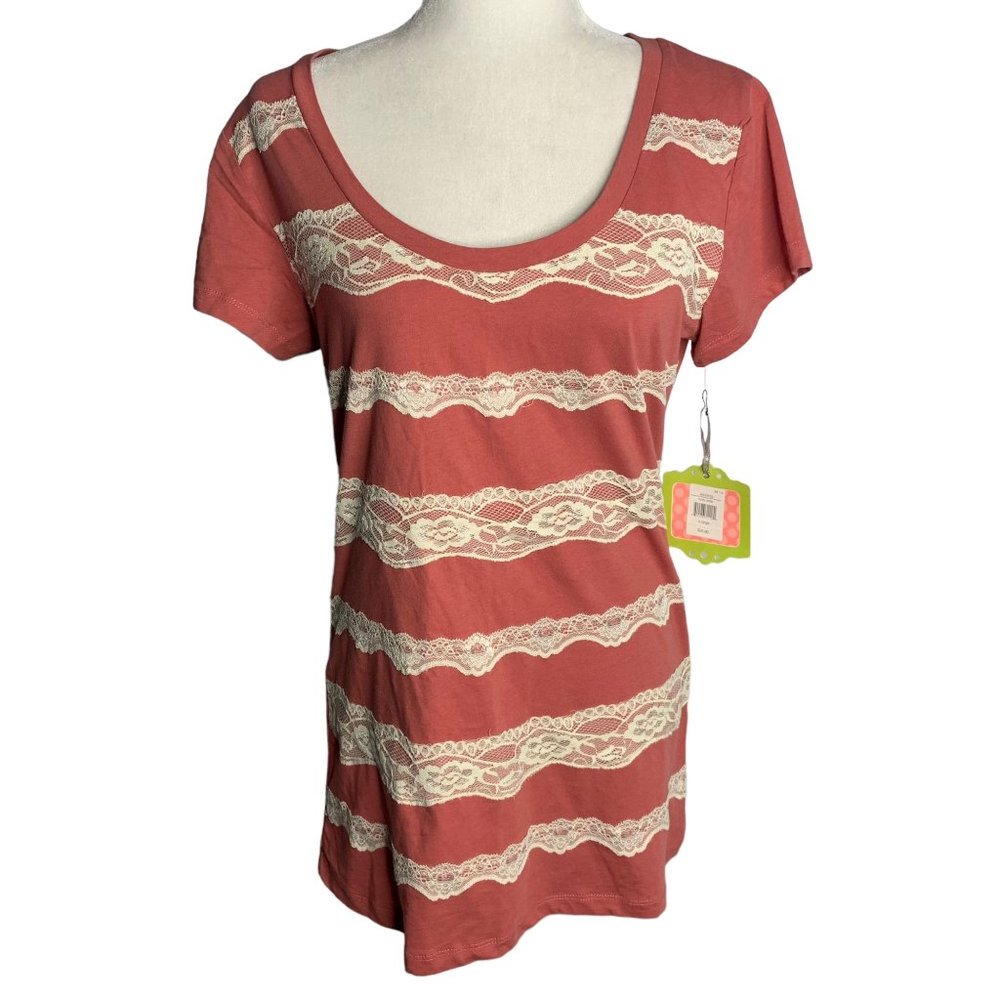 Down East Lace Striped T Shirt Top M Dusty Pink Short Sleeve Scoop Neck NEW